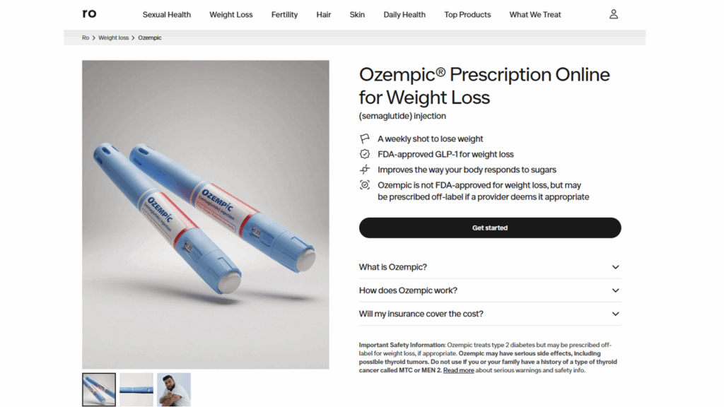 Ro telehealth website showing Ozempic prescription online for weight loss